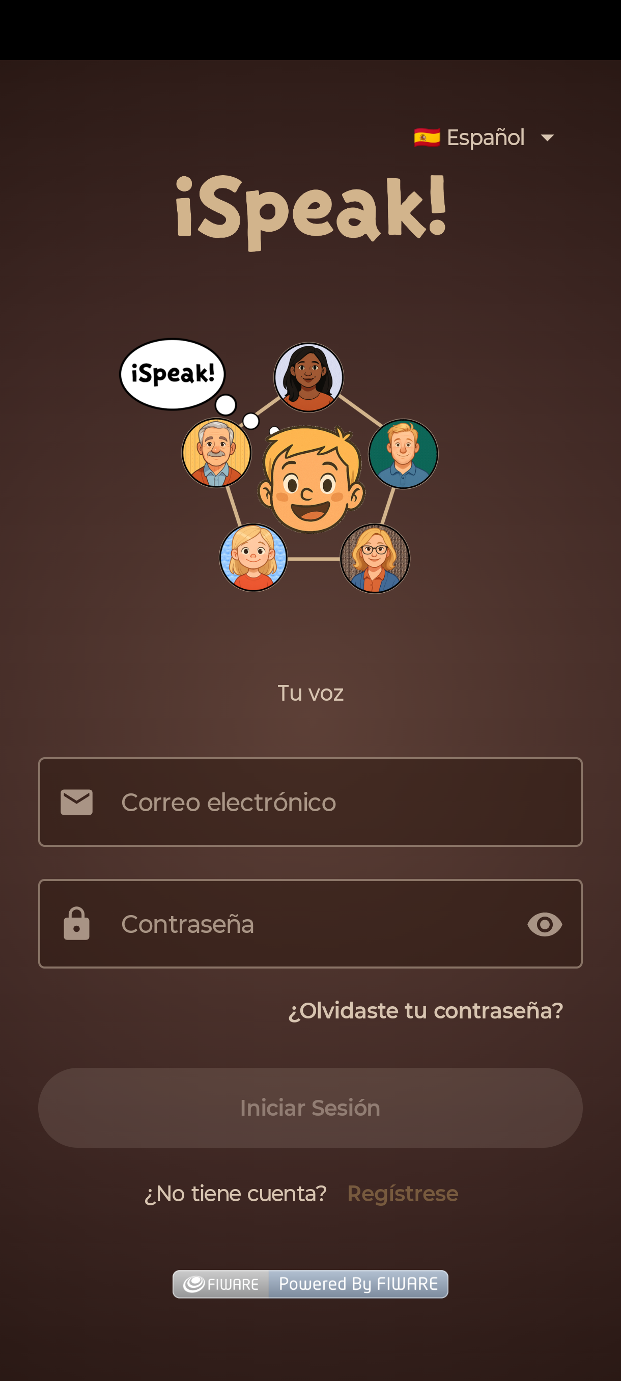 Pantalla de inicio de sesión: correo, contraseña, Iniciar Sesión y Regístrese