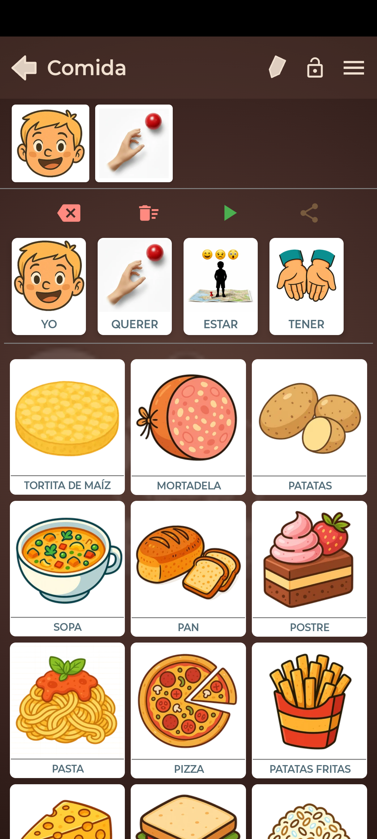 Tablero Comida con tarjetas de alimentos