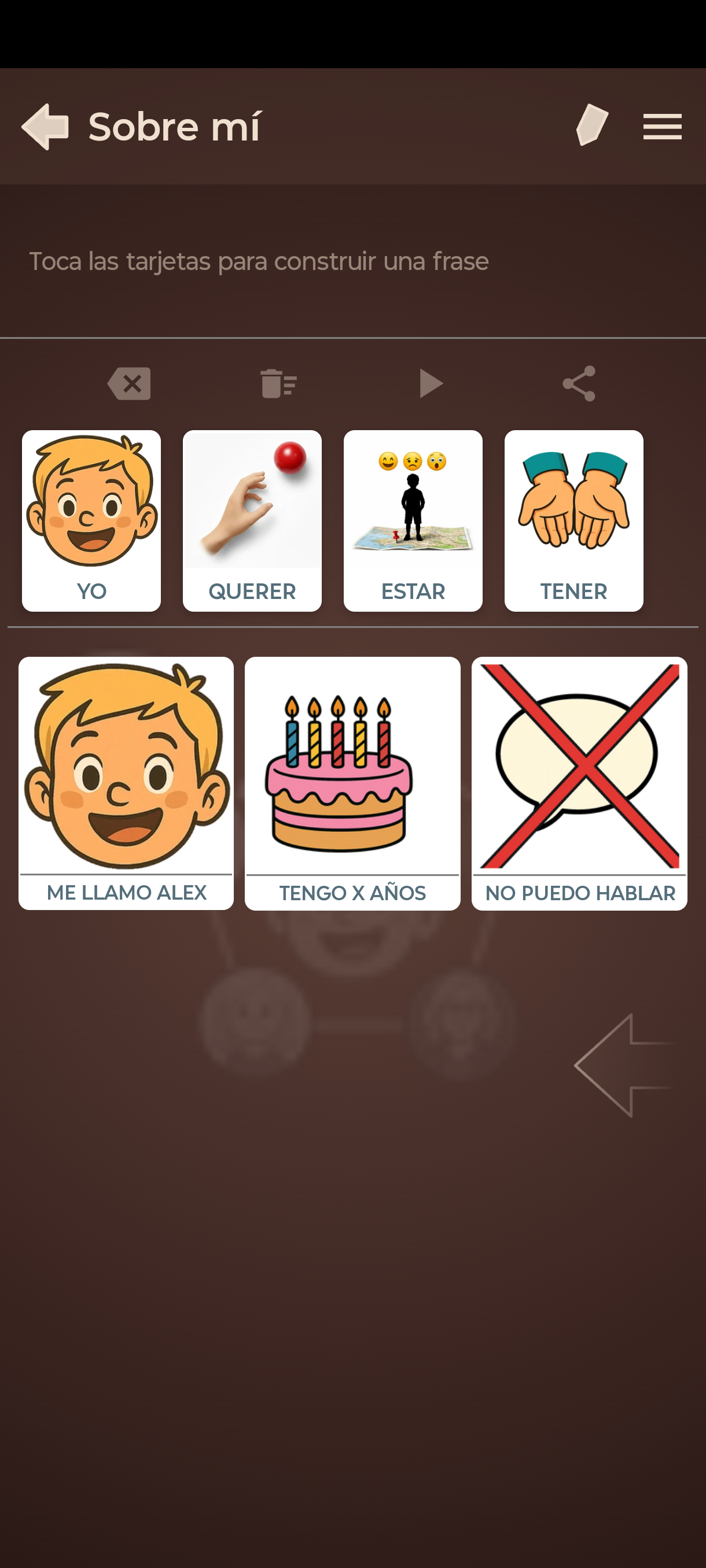 Tablero Sobre mí con Me llamo Alex, Tengo X años y No puedo hablar