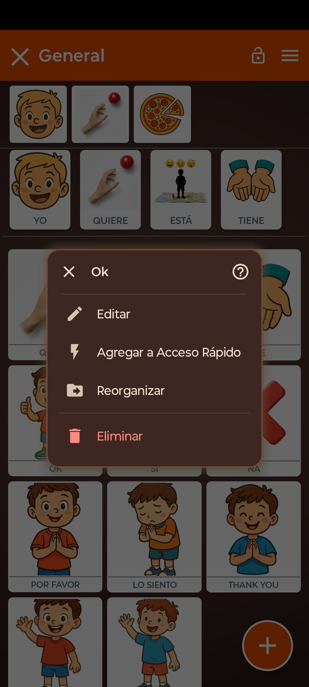 Menú de edición de una tarjeta en Modo Edición: Editar, Agregar a Acceso Rápido, Reorganizar, Eliminar
