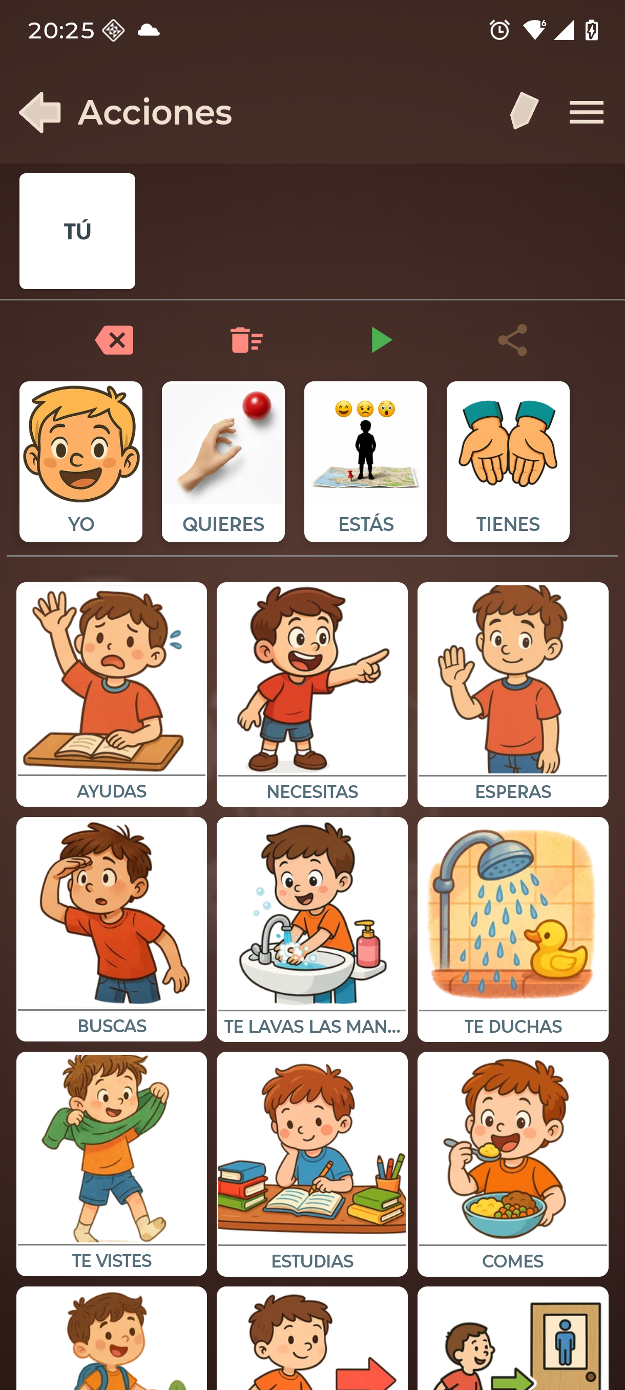 Con «Tú» en la barra, los verbos se conjugan en segunda persona: buscas, te duchas, comes…