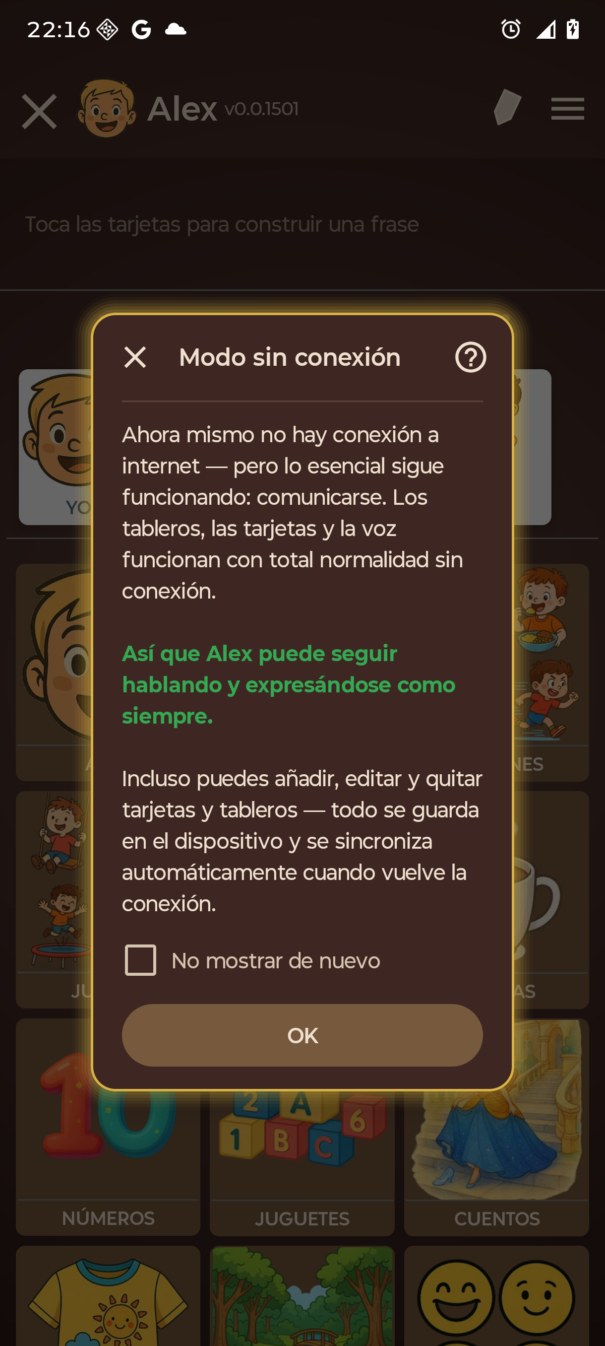 Aviso «Modo sin conexión»: los tableros, las tarjetas y la voz funcionan sin internet